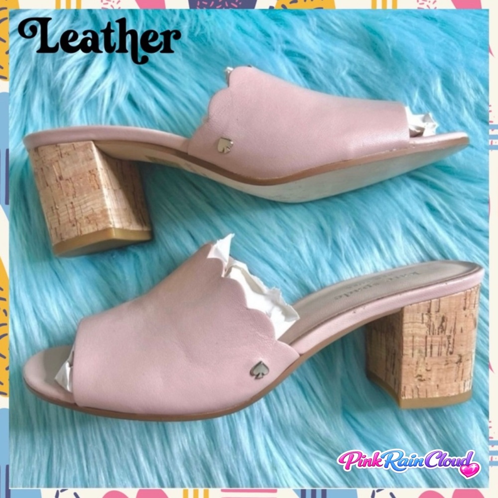 Kate Spade Blush Pink LEATHER Cork Block Heel Mule Sandals Women’s 6